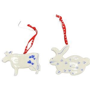 🐄 Ceramic Cow + Bunny Ornament Set White & Blue Delft Style w/ Red Ribbon Decor